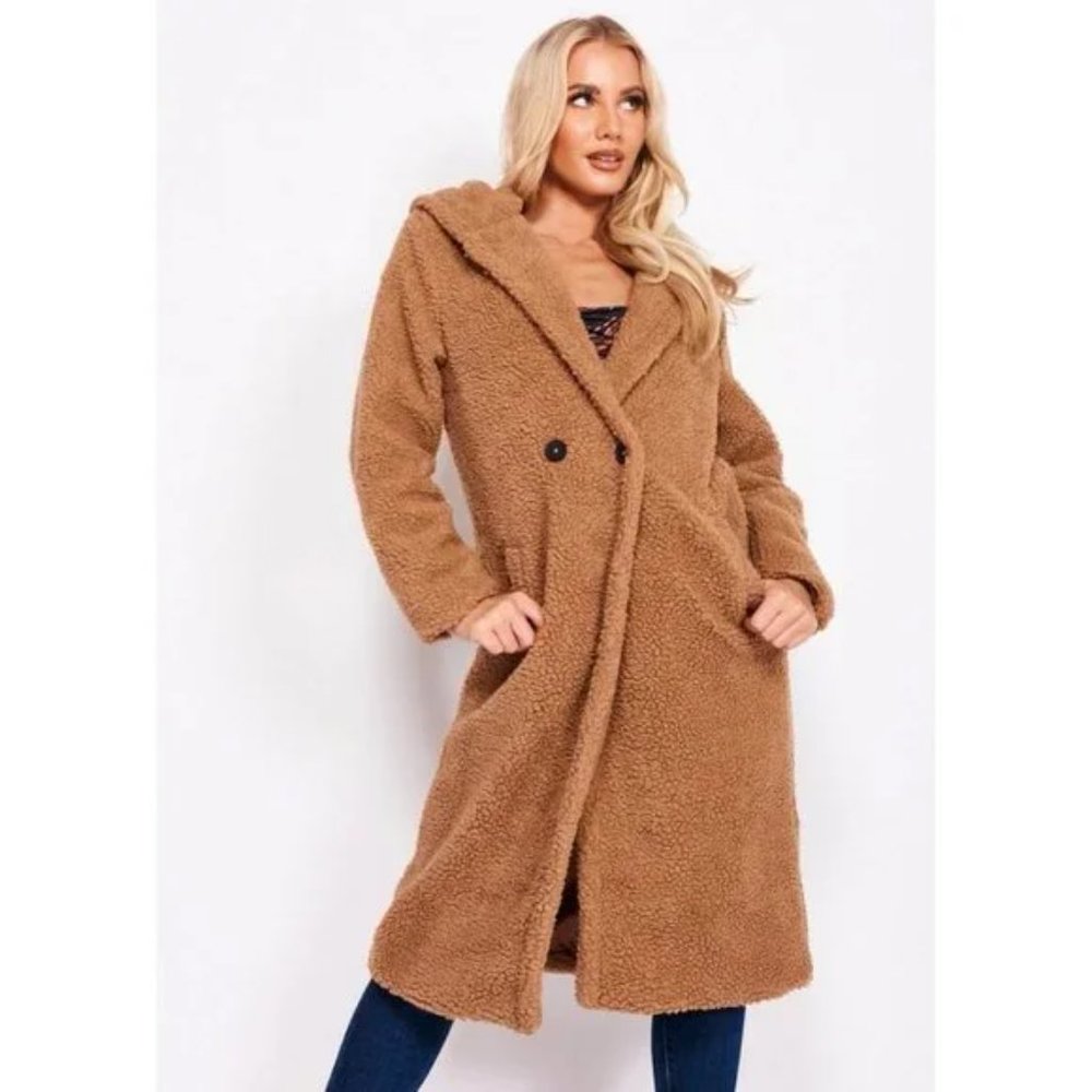 Brown Long Sleeve Hooded Hoodie Long Maxi Borg Teddy Bear Fur Coat - Picture 7 of 15